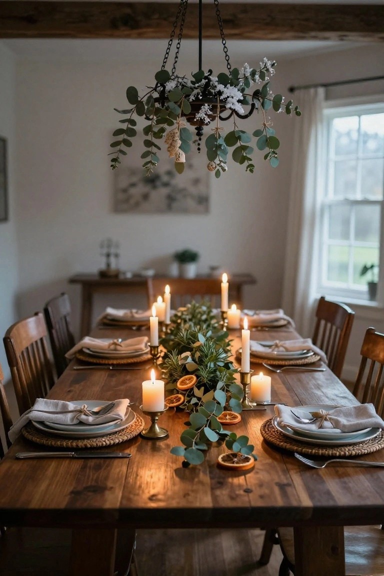 Wooden dining table in a cozy room set with white plates on woven placemats, linen napkins, and a centerpiece garland of eucalyptus leaves, dried orange slices, rosemary, and multiple lit candles, under a hanging eucalyptus and greenery chandelier.