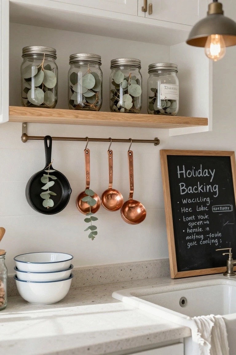 Open kitchen shelving with three glass jars filled with dried eucalyptus branches, eucalyptus-draped black frying pan and copper measuring cups hanging from a brass rail, chalkboard sign reading Holiday Baking next to stacked white bowls on a light quartz countertop.