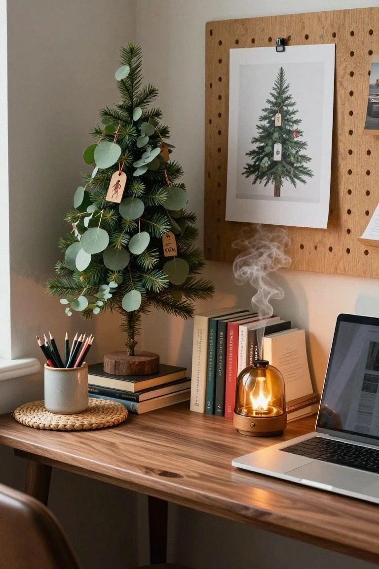 Wooden desk in room corner holds small Christmas tree with eucalyptus leaves and tags, books, pencils in mug, lit amber lamp, laptop, and corkboard with print on wall.