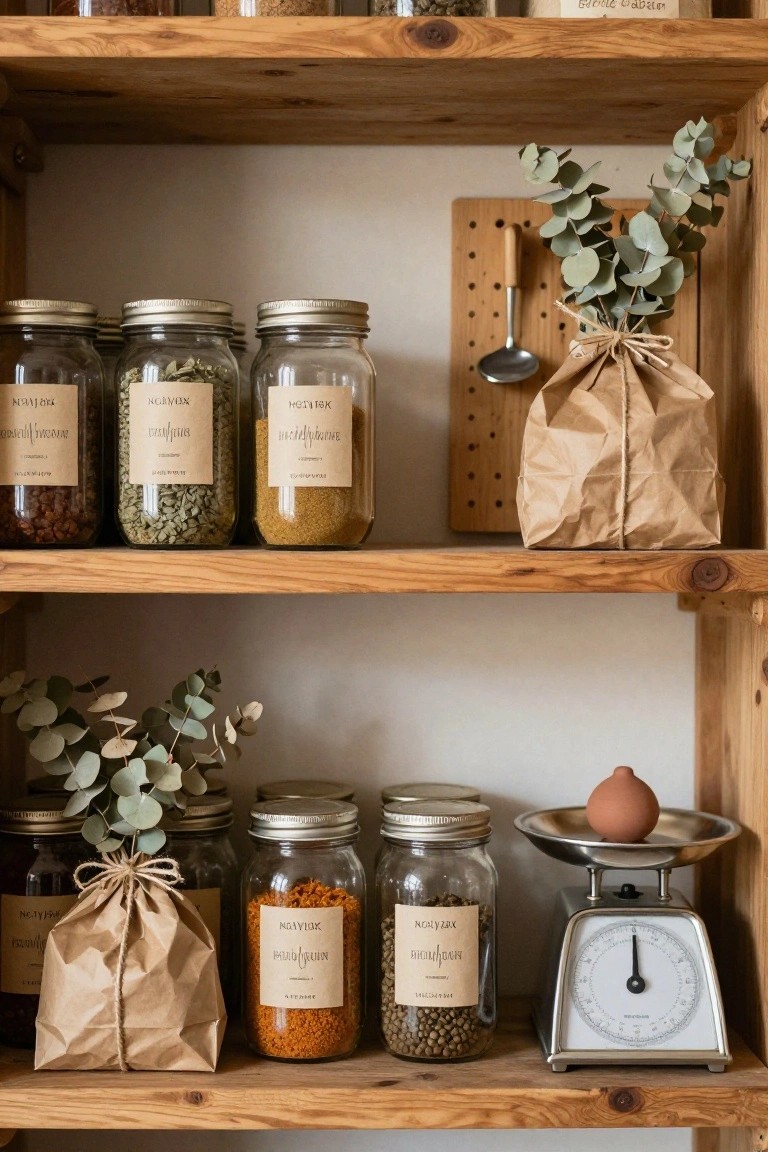 Wooden open shelves in a kitchen holding glass jars of spices and herbs, tied bundles and vases of eucalyptus branches, a kitchen scale, and a wooden spoon board on the wall.