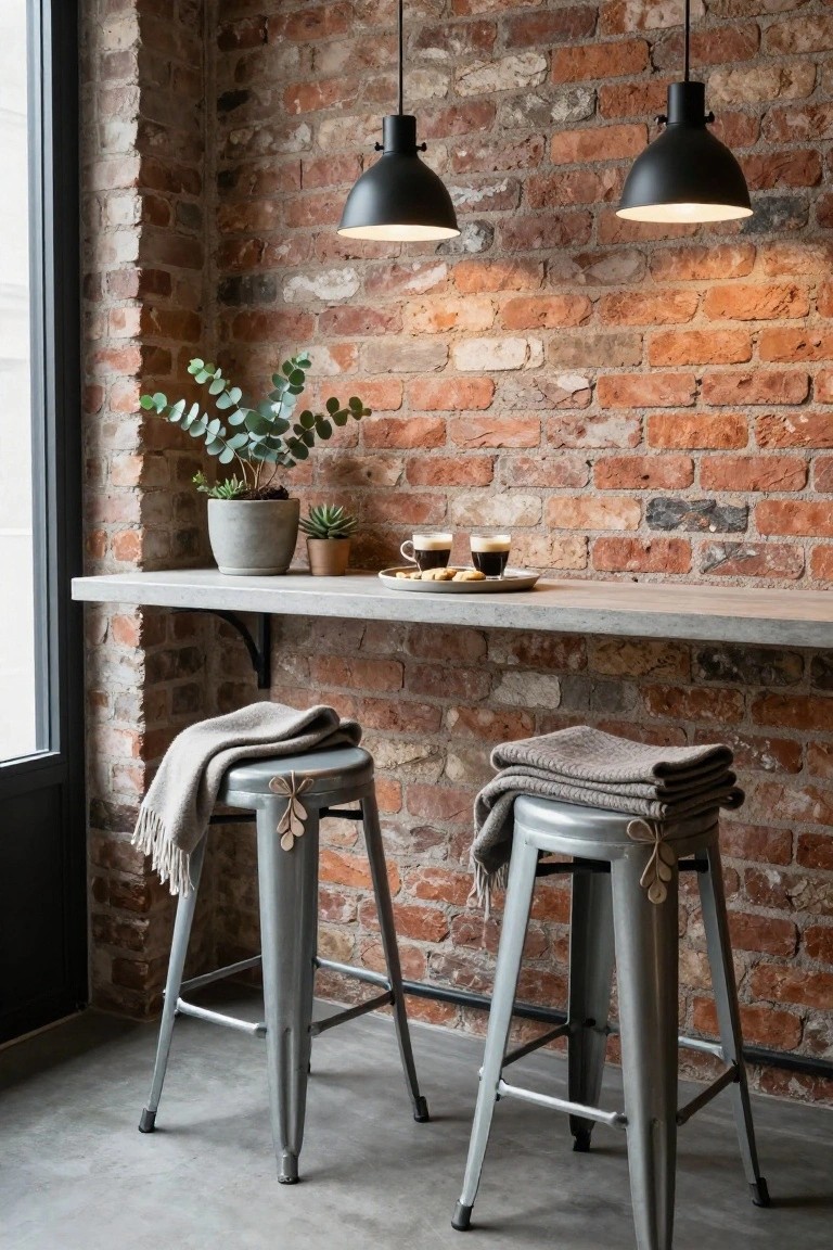 Bar counter with gray concrete top against exposed brick wall holding potted eucalyptus plant, small succulents, two glasses of coffee on saucers, flanked by two metal bar stools draped in gray throws under black pendant lights.