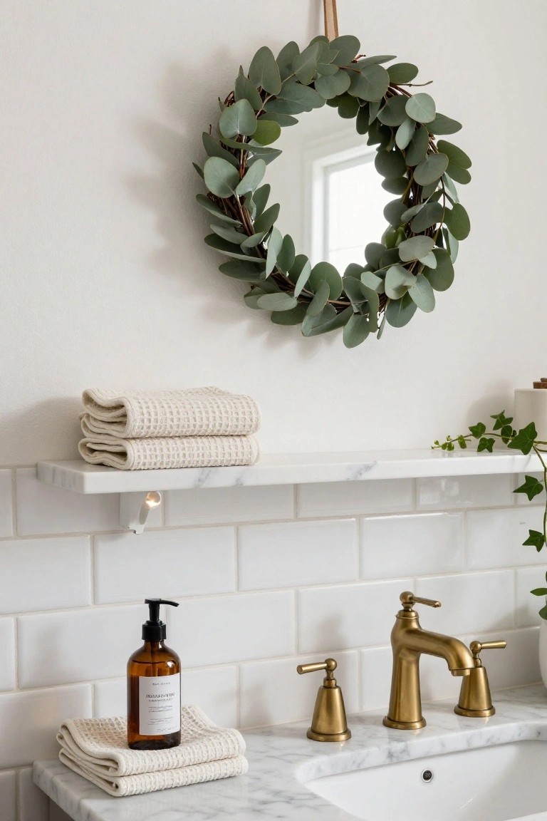 A round mirror framed by a eucalyptus wreath hanging on a leather cord above a white marble bathroom sink with gold faucet, soap dispenser, folded white towels on the counter and a floating shelf, white subway tile backsplash, and ivy plant on the shelf.
