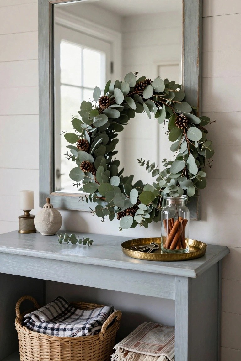 Blue wooden framed mirror with eucalyptus leaves and pinecone wreath draped around it above a painted console table holding a white candle, ceramic vase, gold tray with cinnamon sticks, and woven baskets with linens in a white shiplap walled room.