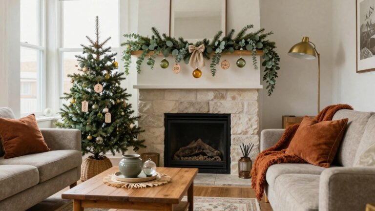 Living room with stone fireplace mantel decorated by eucalyptus garland, pine branches, white ribbons, and assorted green and gold glass ornaments, beige linen sofa with rust velvet pillows and throw blanket, wooden coffee table holding plates, glass orbs, and more eucalyptus, gold floor lamp, and window with sheer curtains.