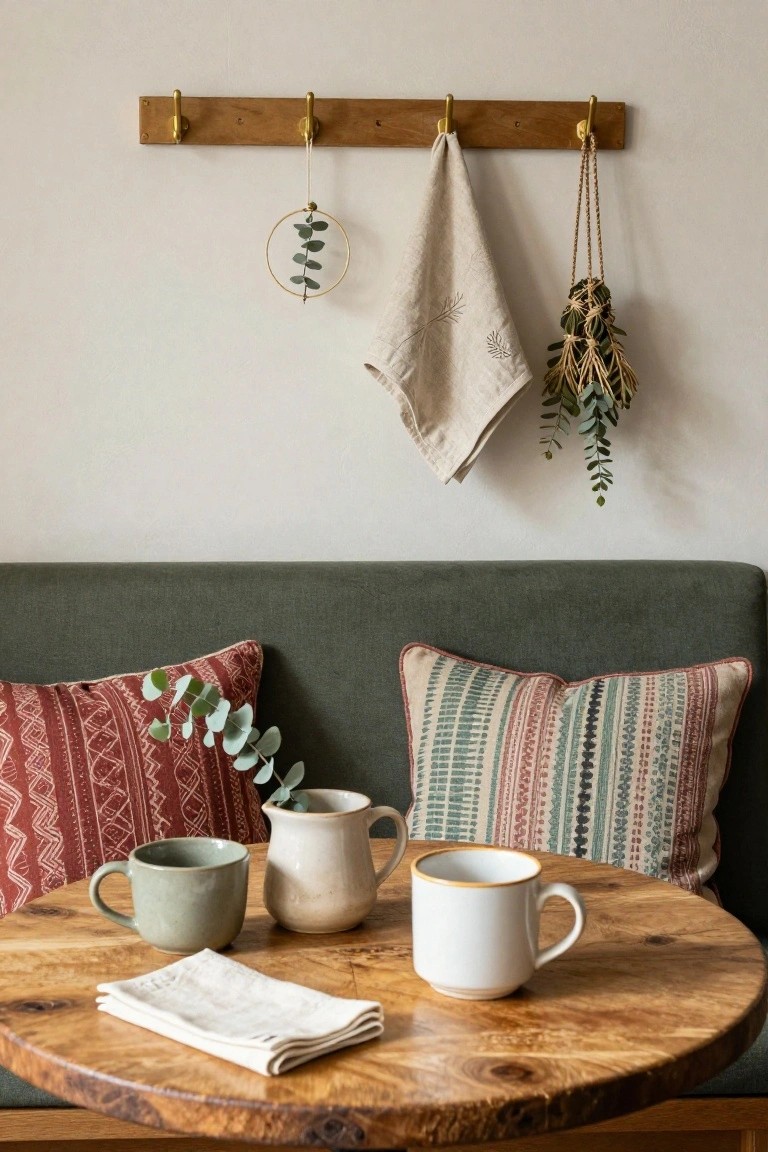 Green banquette with red and multicolored patterned pillows, round wooden table holding green mug, white mug, cream pitcher, white napkins, and wall hooks above with white towels, eucalyptus wreath, and hanging eucalyptus bundle on beige wall.