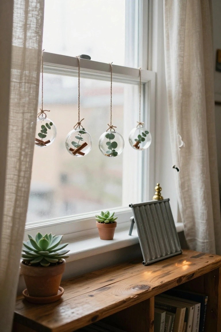 Clear glass spheres filled with eucalyptus leaves, branches, and cinnamon sticks suspended from twine strings in front of a white-framed window, with two potted succulents on a wooden shelf below.