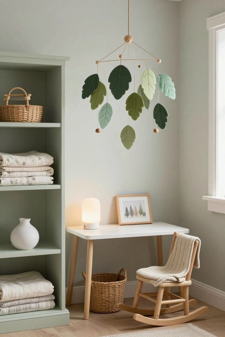 Light gray nursery room featuring a mobile of assorted green felt leaves hanging from wooden beads above a white wooden desk with chair, beside mint green bookshelves, a lamp, vase, and rocking chair on wood floor.