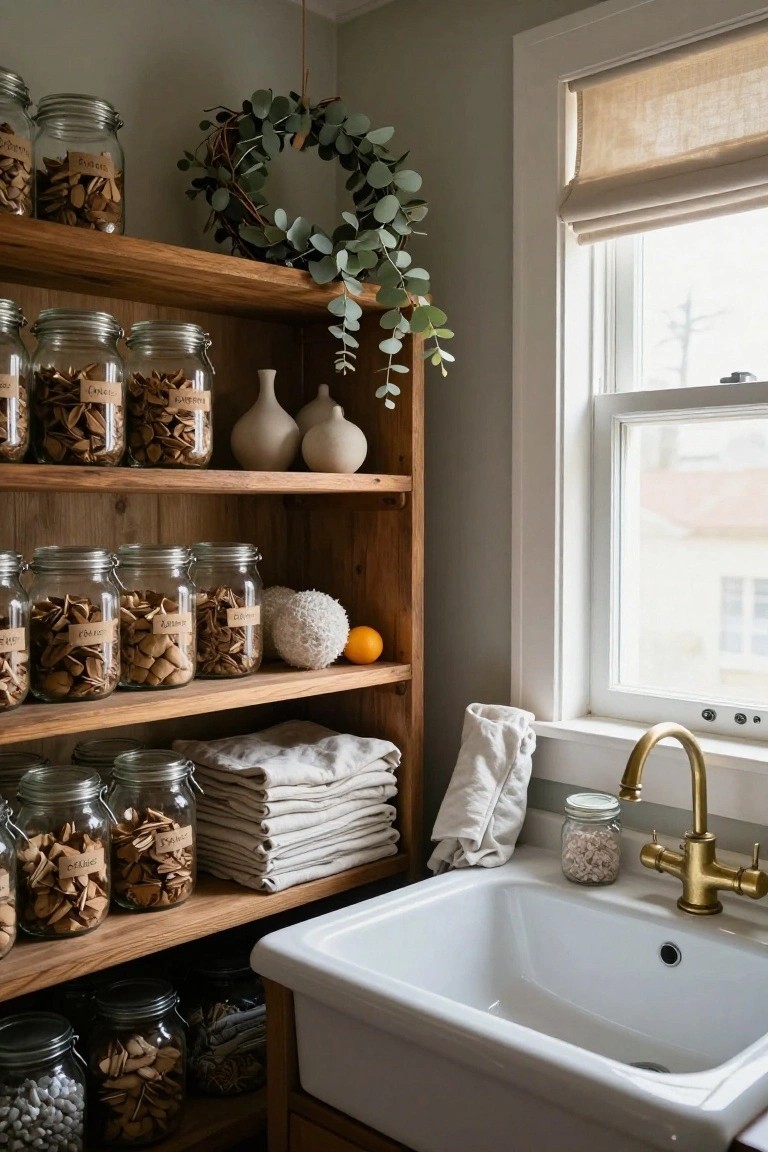 Wooden open shelves stocked with glass jars full of brown cookies, labeled in Korean, a eucalyptus wreath hanging above, eucalyptus leaves draping over shelves, white ceramics, linens, and a white farmhouse sink with gold faucet below.