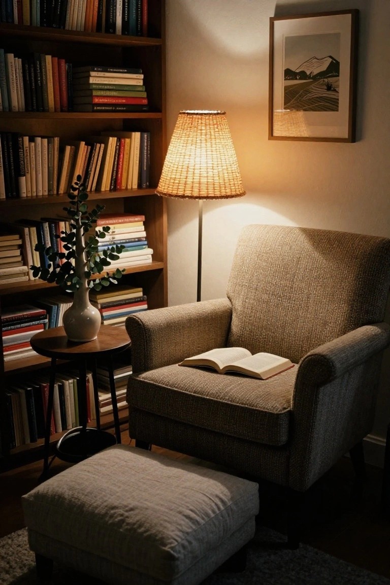 Wooden bookshelves filled with books surround a beige armchair with an open book on the seat, a side table holding a white vase of eucalyptus branches, a rattan floor lamp, and a matching footstool in a warmly lit room.