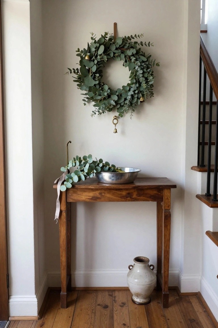 White wall with green eucalyptus wreath and hanging brass bell above wooden console table holding silver bowl of eucalyptus branches draped over pink ribbon, beside black metal stairs and white ceramic vase on wood floor.
