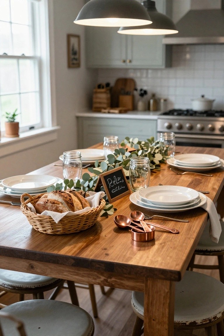 Wooden farmhouse dining table centered with eucalyptus garland in mason jars, stacked white plates, wicker basket of bread loaves, copper measuring cups and spoons, small chalkboard sign, flanked by stools in a kitchen with sage cabinets, subway tile, and pendant lights.