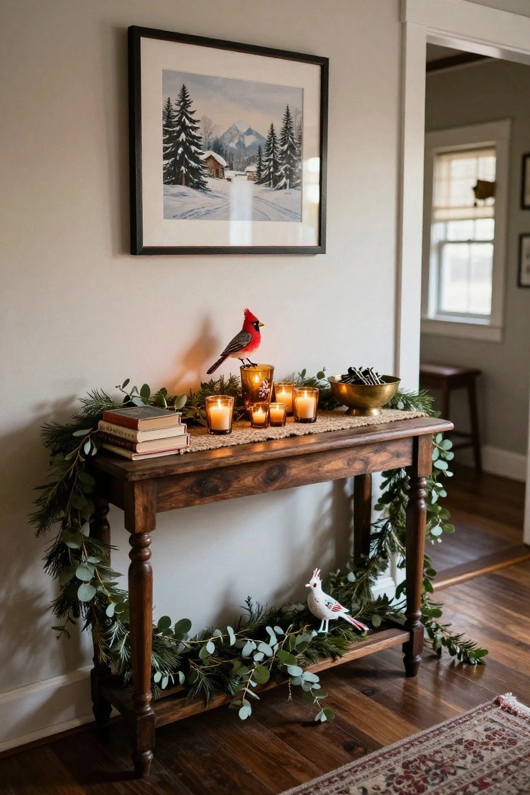 Wooden console table against a beige wall in a hallway, decorated with draped eucalyptus and pine garlands, amber glass candles, stacked books, pinecone bowl, and red and white bird figurines, beside a framed winter painting.