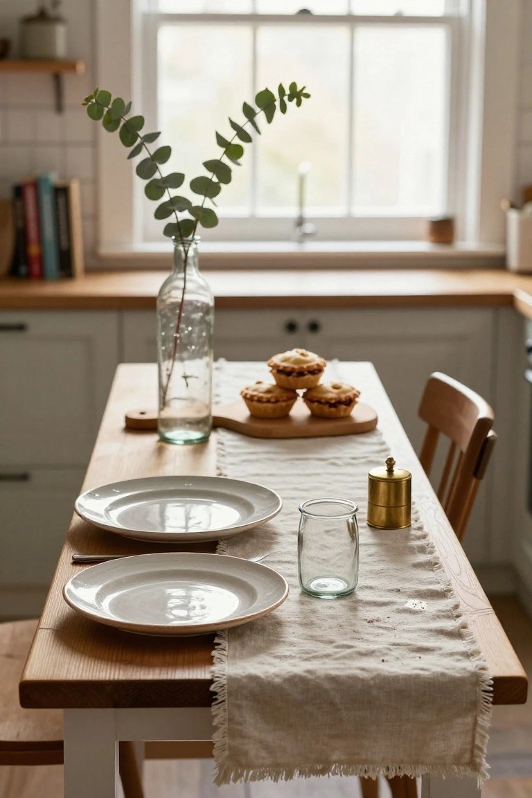 Wooden dining table in a light kitchen with eucalyptus branches in a tall glass bottle vase as centerpiece, mince pies on a wooden board, two white plates, glasses, and a beige linen runner.