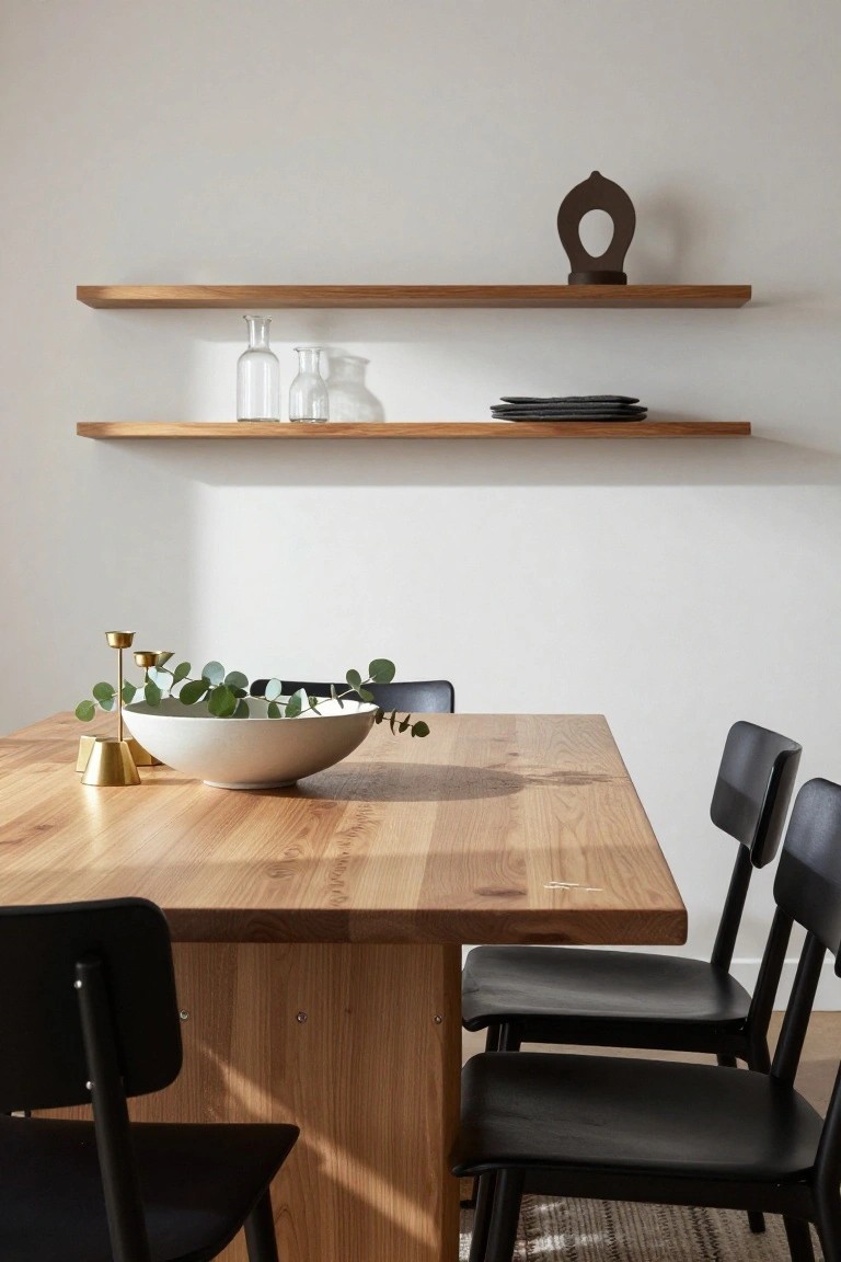 Wooden dining table with black chairs, a large white bowl of eucalyptus leaves, gold candlesticks, and floating wooden shelves with glass vases and plates on a white wall.