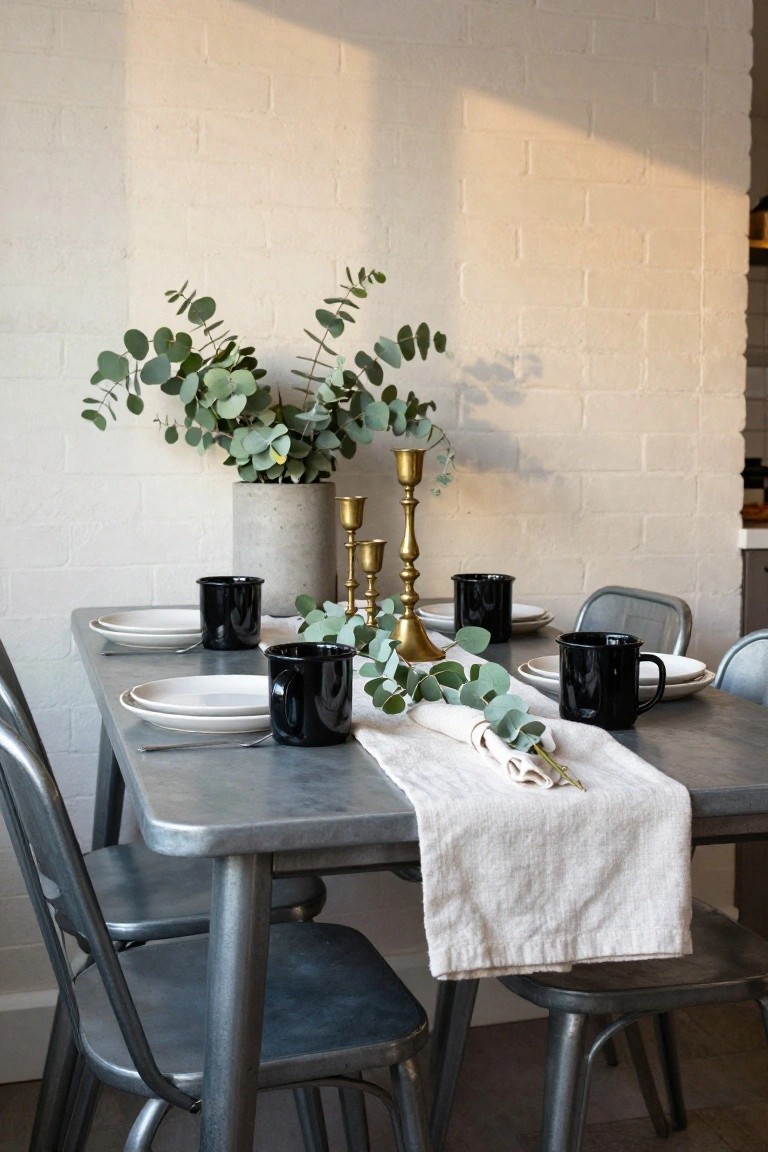 Metal dining table with gray chairs, set with white plates, black mugs, gold candelabra, concrete vase of eucalyptus leaves, and eucalyptus branches draped as a runner on white linen cloth, next to white brick wall with window light.