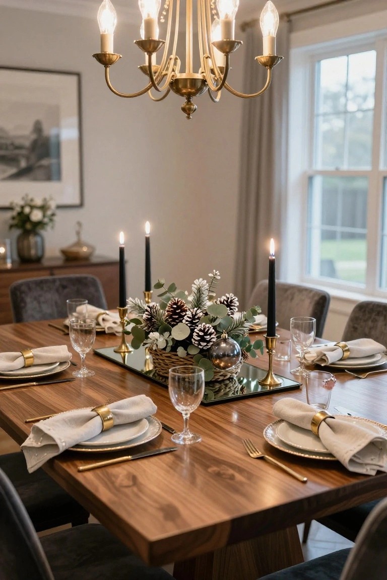 Dining room table set with white linens, gold-rimmed plates, and a mirrored tray centerpiece holding eucalyptus, pinecones, black taper candles, and a glass orb.