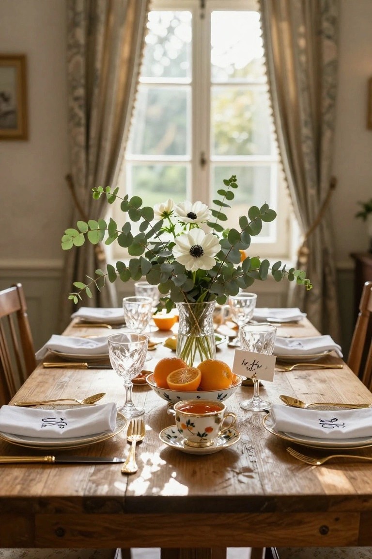 Wooden dining table set with white linens, gold flatware, crystal glasses, a centerpiece vase of eucalyptus branches, white anemone flowers, and oranges, plus a teacup and place card.