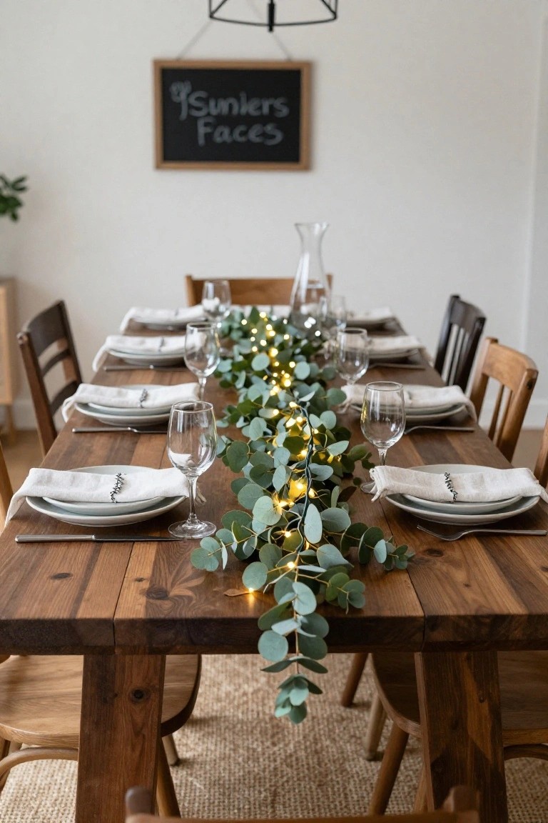 Rustic wooden table set with eucalyptus garland and glowing string lights.