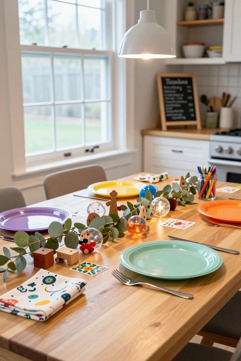Wooden dining table in a kitchen set with colorful plates in teal, purple, yellow, and orange, eucalyptus garlands running down the center, glass ornaments, wooden toys, cutlery, and napkins under a white pendant light.