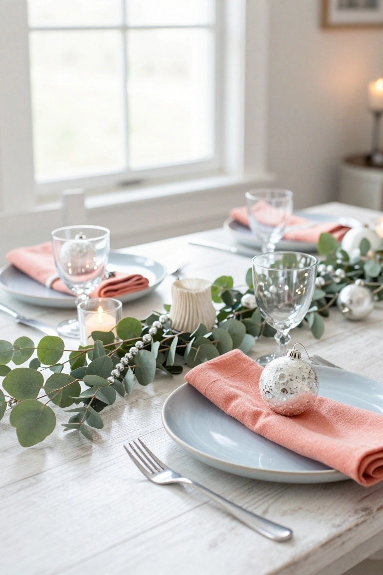 Wooden dining table set for Christmas with gray plates, peach napkins, wine glasses adorned with white ornaments, eucalyptus garland runner with pearls and balls, candles, and forks near a window.