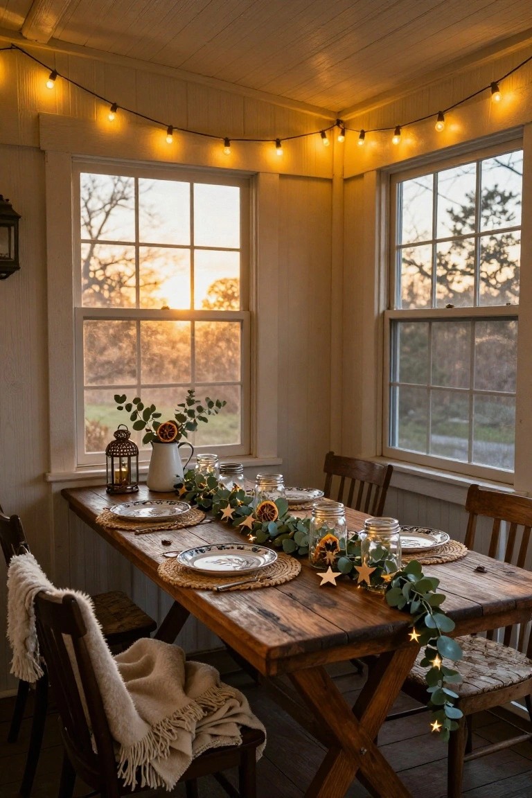 Wooden dining table in a white-paneled room with eucalyptus garland strung with fairy lights running down the center, flanked by plates, jars, glasses, wooden chairs draped with cream blankets, large windows showing trees and sunset, and overhead string lights.