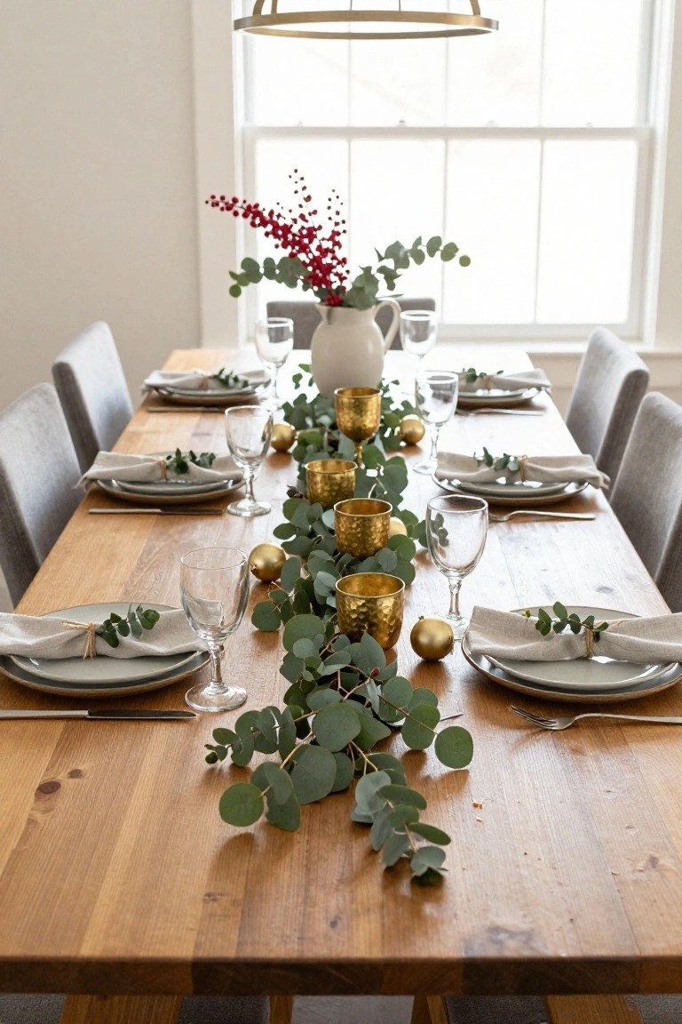 Elegant wooden table set with eucalyptus, gold accents, and red berries.