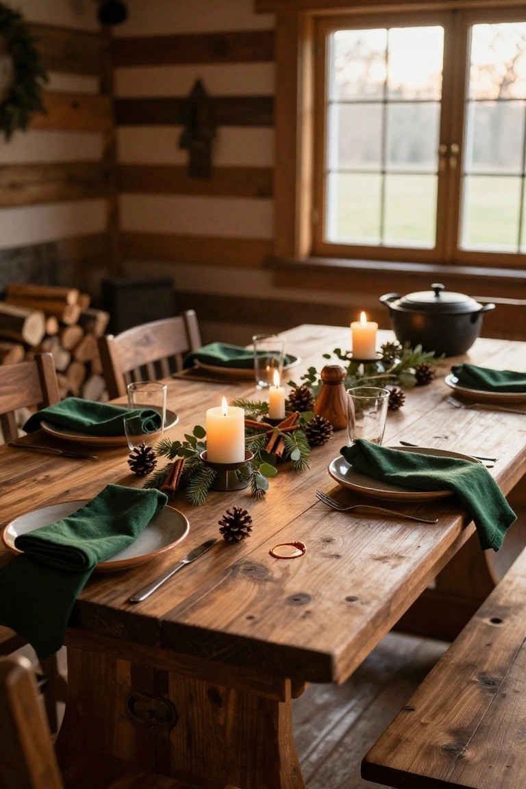 Rustic wooden dining table set for Christmas with eucalyptus branches, pinecones, candles, green napkins, plates, glasses, and a cast iron pot in a log cabin interior.