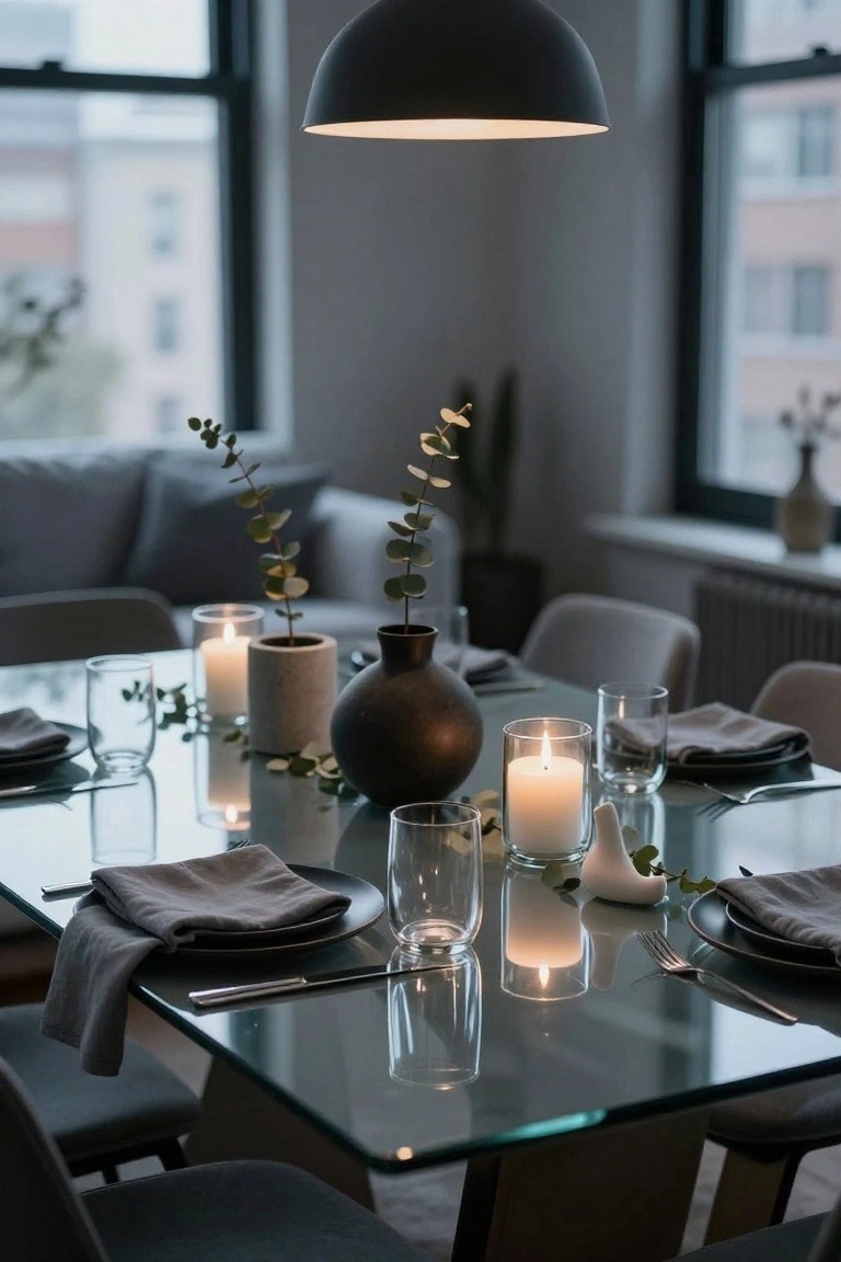 Glass-top dining table in a modern room set with scattered eucalyptus branches, white candles in glass holders, black plates, gray napkins, clear glasses, and gray chairs around it.