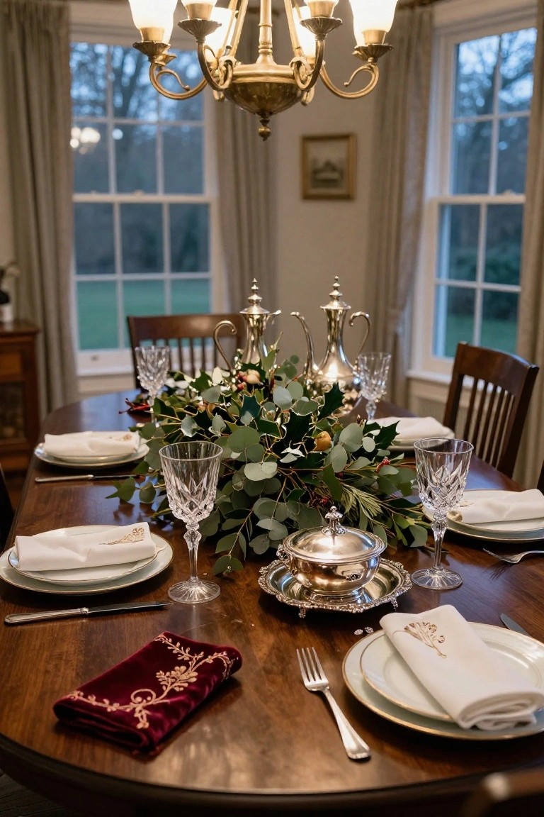 Formal wooden dining table set for Christmas with a long eucalyptus garland centerpiece including berries and holly, flanked by silver serveware, crystal glasses, white plates, and embroidered napkins under a chandelier in a room with large curtained windows.