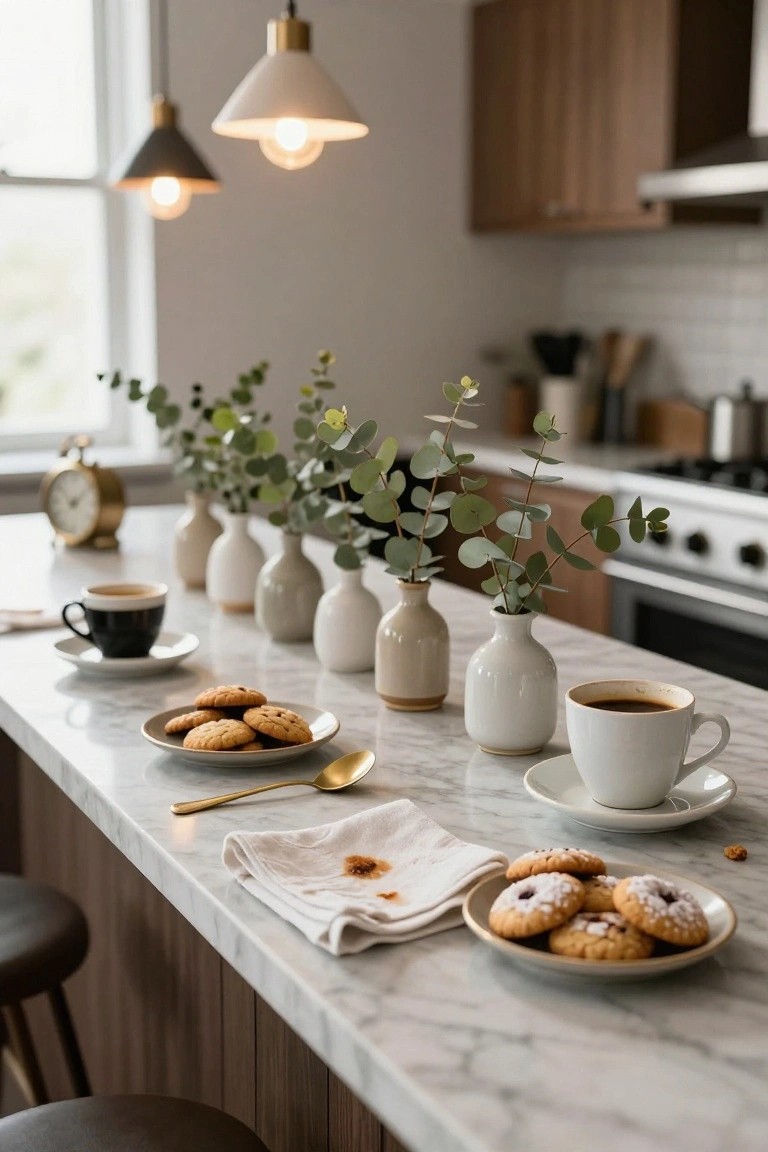 Kitchen island with a row of small ceramic vases filled with eucalyptus branches, two cups of coffee on saucers, plates of cookies, a gold spoon, napkin, and clock on marble surface with bar stools.