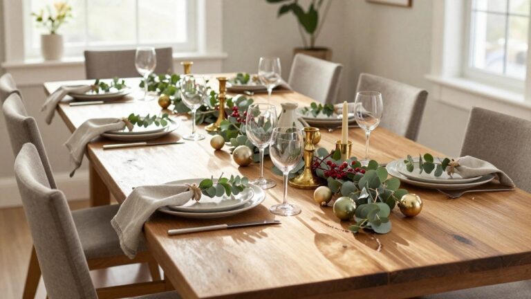A rustic wooden dining table is elegantly set with eucalyptus garlands, gold ornaments, and glassware, creating a warm, festive atmosphere.