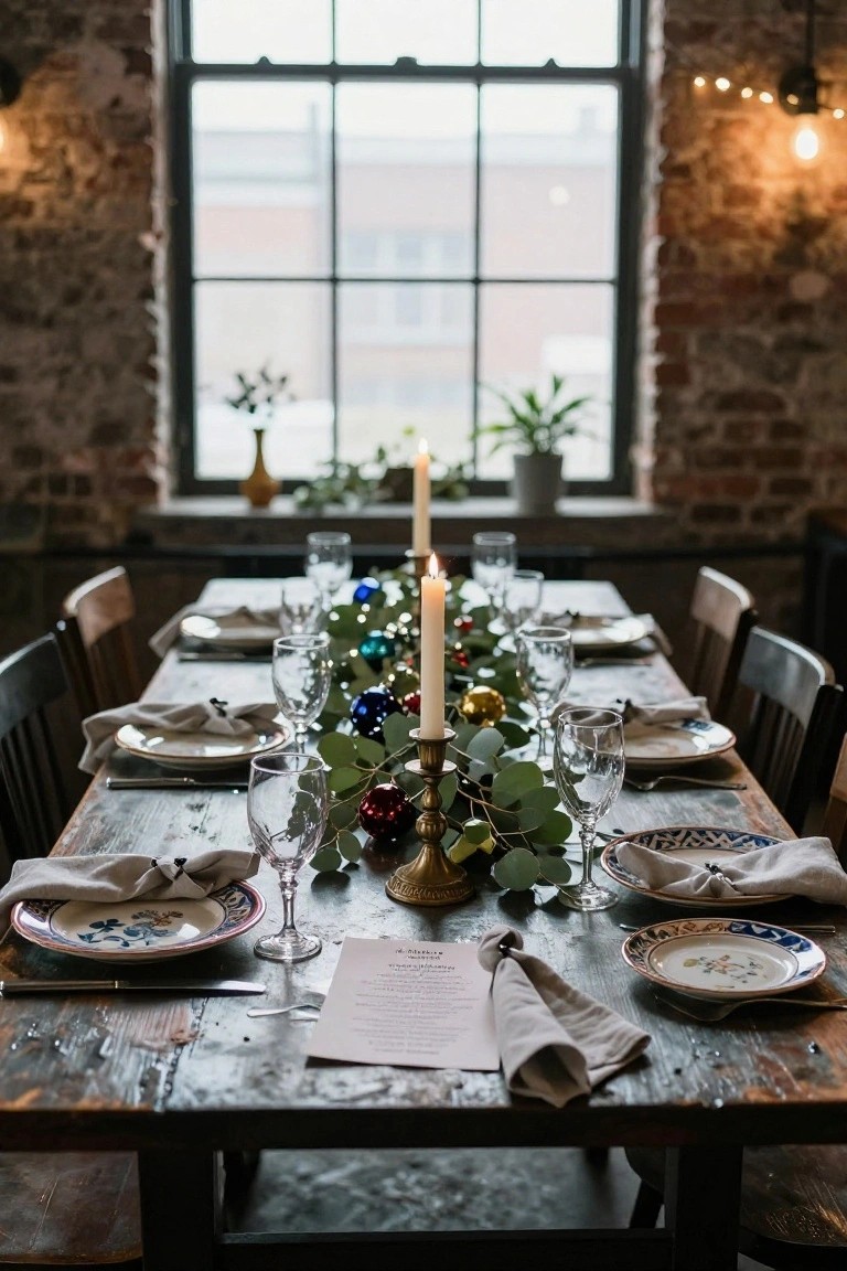 Long wooden dining table set for Christmas with eucalyptus garland runner, colorful baubles, brass candlestick holding a white candle, blue and white patterned plates, wine glasses, linen napkins, and cutlery in exposed brick-walled room with large windows.