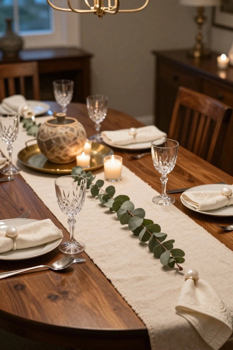 Wooden dining table with a long eucalyptus runner down the center, white plates, pearl-ringed napkins, crystal wine glasses, votive candles, and gold serving pieces in a warmly lit room.