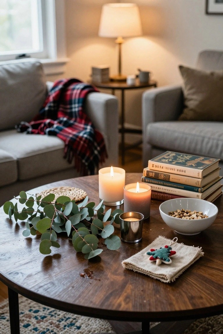 Wooden coffee table in a living room with draped eucalyptus branches, multiple white candles, stacked vintage books, a bowl of nuts, and a fabric Christmas tree ornament, next to gray sofas and a plaid blanket.