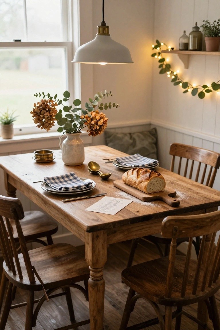 Wooden dining table set for two with checkered napkins, plates, eucalyptus bouquet in vase, loaf of bread on cutting board, brass spoons, and wooden chairs in a white paneled kitchen with window and fairy lights.
