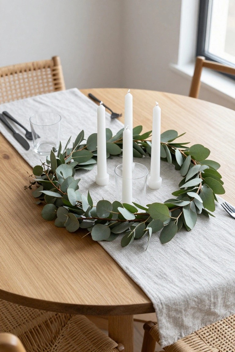 Eucalyptus wreath with white candles on linen runner atop wooden table.