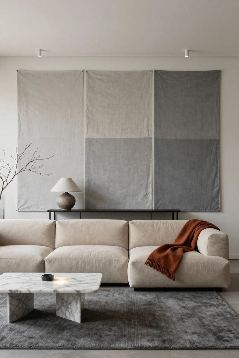 Modern living room with light beige modular sofa draped in rust blanket, white marble coffee table, black console with ceramic lamp, and three large draped fabric panels in beige gray and rust tones on white wall.
