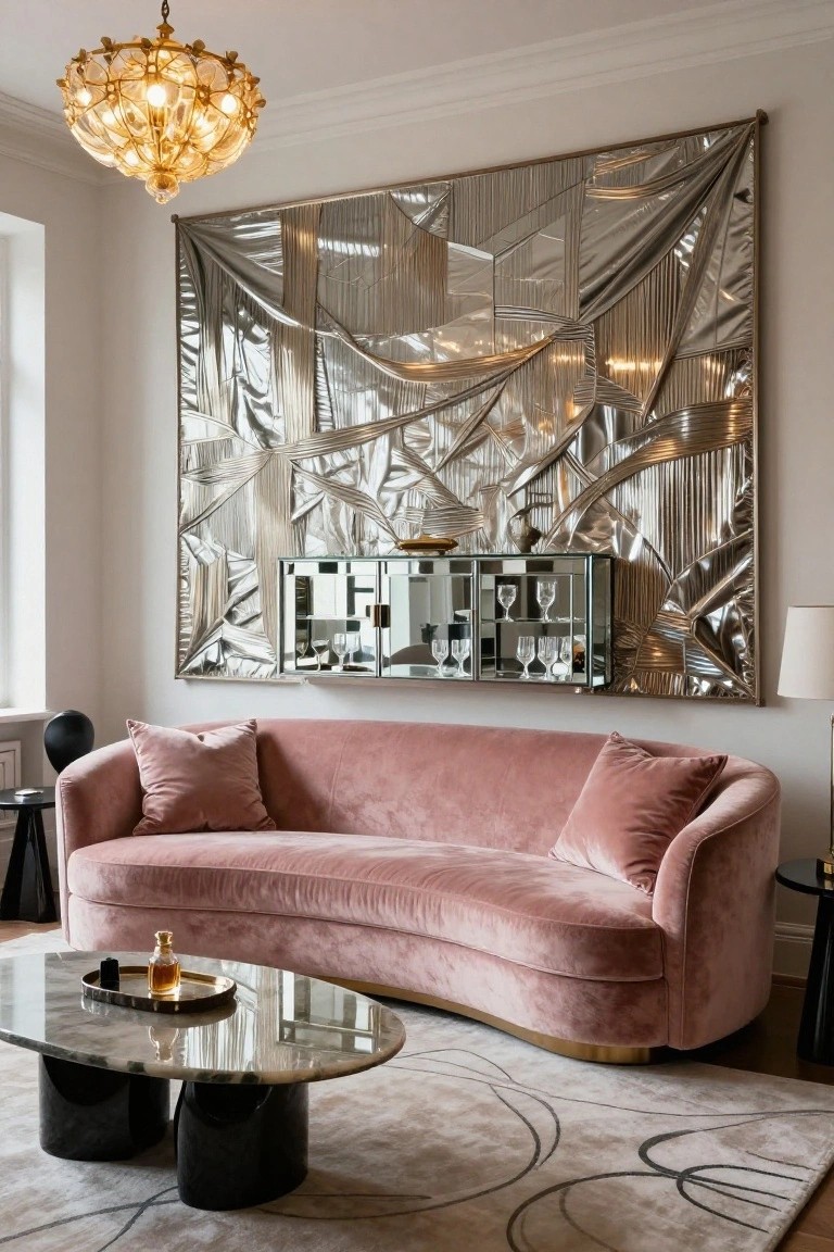 Living room with a large abstract draped metallic silver wall installation, pink velvet curved sofa, glass coffee table on oval legs, gold chandelier, and glass bar cabinet integrated into the wall art.