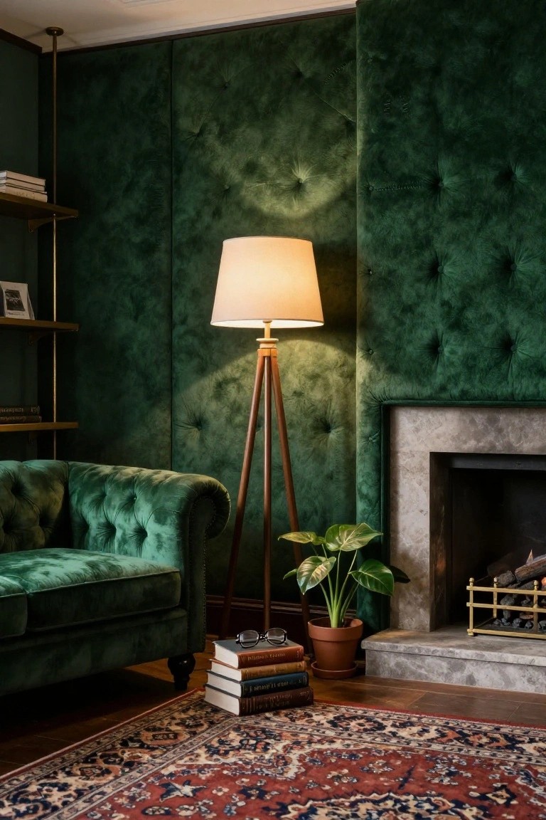 Living room with emerald green tufted velvet walls, matching green velvet Chesterfield sofa, wooden tripod floor lamp, metal bookshelves with books and photos, potted plant, stone fireplace, and patterned rug.