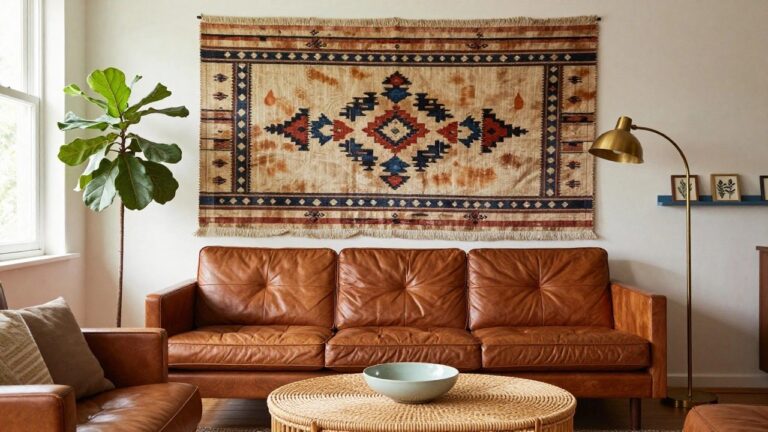 Living room with a large abstract woven tapestry in reds and blues hanging from a bamboo rod on a pale green wall, next to a fiddle leaf fig plant, wooden credenza, leather chairs, and rattan tables.