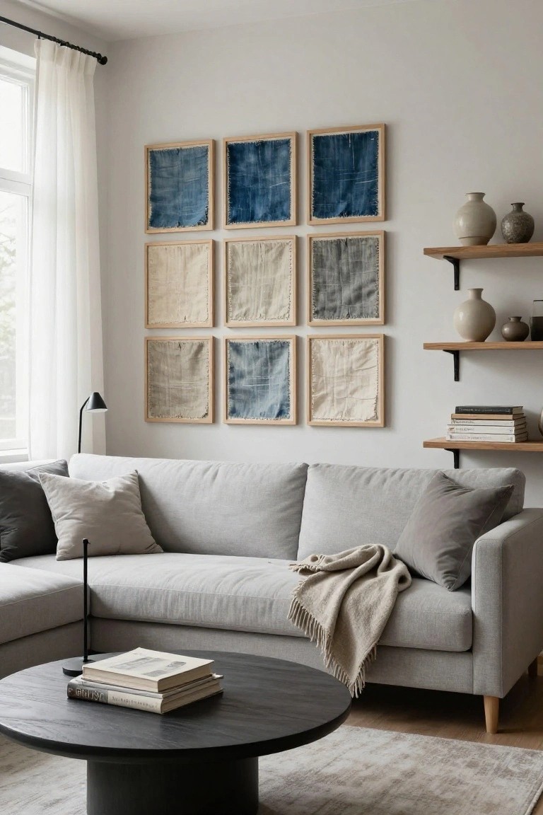 Living room corner showing a white wall with nine framed blue and beige dyed fabric panels in a 3x3 grid, gray L-shaped sofa with throw blanket, black round coffee table with stacked books, floating oak shelves with ceramic vases and books, and sheer curtains on a window.