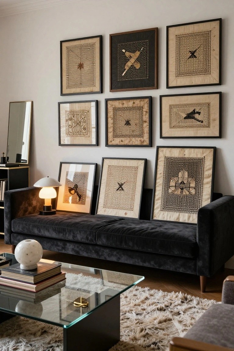 Living room with white walls covered in multiple framed beige textile panels featuring black woven or embroidered patterns such as stars, crosses, and figures, next to a black velvet sofa, glass coffee table, and white mushroom lamp.