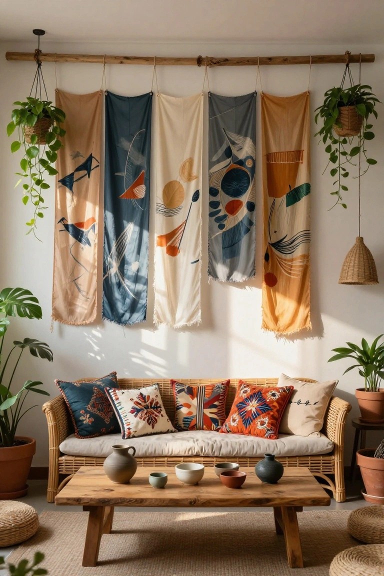 A living room wall with colorful abstract fabric panels in beige, blue, and orange hanging from a horizontal bamboo beam, above a rattan sofa with patterned pillows, a wooden coffee table with ceramic pots, plants, and floor cushions.