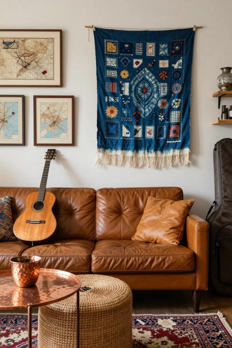 Living room with large blue fringed tapestry hanging on white wall above tan leather sofa, acoustic guitar leaning against sofa, framed maps on walls, guitar case standing nearby, copper tray table, woven stool, and patterned rug.