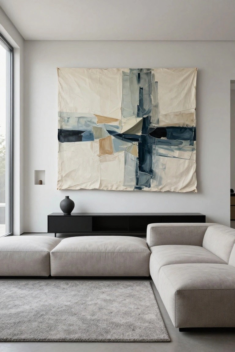 Modern living room featuring a large draped abstract painting in blues and beiges on white fabric against a white wall, with a black sideboard holding a black vase, modular light gray sofa, and gray rug on a concrete floor beside floor-to-ceiling windows.