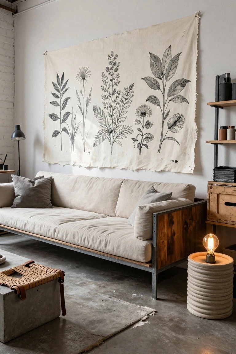 A living room with exposed white brick walls and a large beige fabric tapestry featuring black line drawings of plants and herbs hanging above a low beige linen sofa with metal and wood frame.