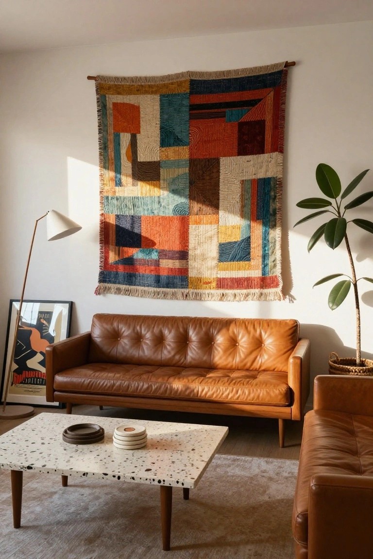 Living room with a large multicolored woven tapestry hanging on a white wall above a tan button-tufted leather sofa, next to a white floor lamp, potted plant in a basket, framed poster, and speckled white coffee table on a rug.
