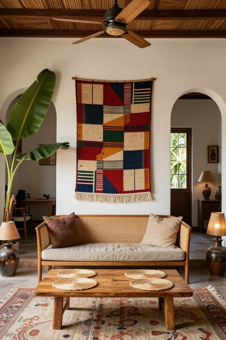 A living room featuring a large colorful woven tapestry with geometric patchwork design hanging on a white wall above a rattan sofa, wooden coffee table, banana plant, and arched doorways.