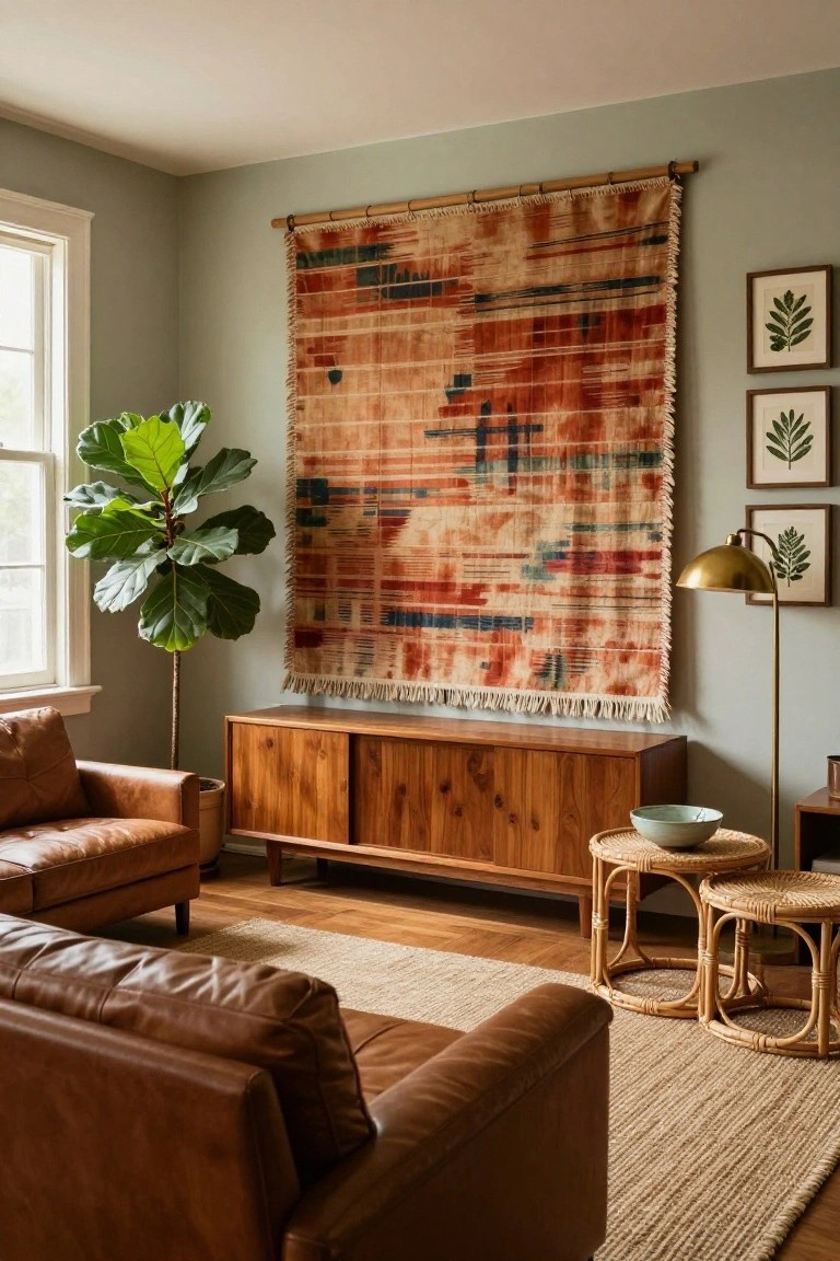 Living room with a large abstract woven tapestry in reds and blues hanging from a bamboo rod on a pale green wall, next to a fiddle leaf fig plant, wooden credenza, leather chairs, and rattan tables.