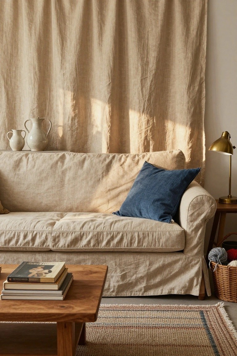 Beige living room with linen slipcovered sofa, blue pillow, low wooden coffee table holding stacked books, gold arched lamp on wooden side table, two white ceramic vases, wicker basket with yarn balls, and tall beige textured linen curtains covering the wall.